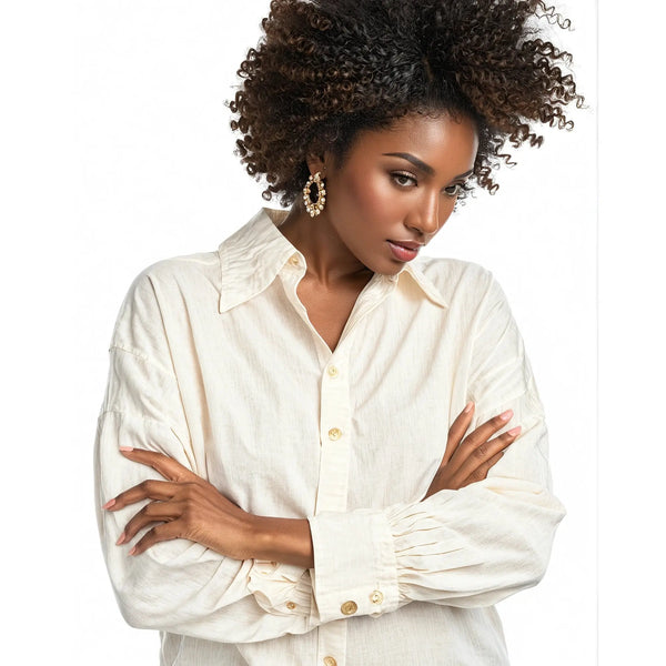 Close up view of the Button Down Eyelet Shirt showing intricate floral eyelet detailing and delicate stitching against a soft white background.