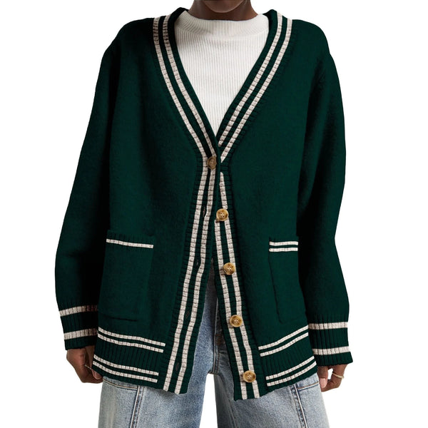 Close up view of the Relaxed Fit V Neck Cardigan showing the soft knit fabric and intricate stitching details against a white background.