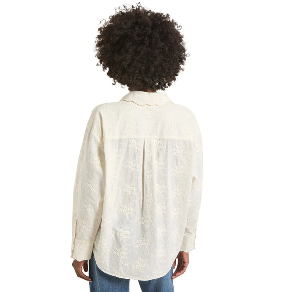 Back view of a model wearing a white button down eyelet shirt, showing intricate lace detailing and a flattering flirty fit against a soft, white background.