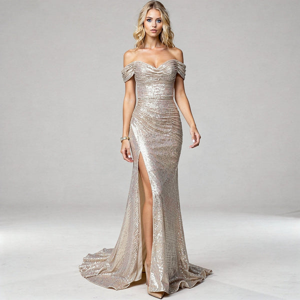 Elegant off shoulder maxi dress in soft fabric, featuring a flowing silhouette and a flattering view