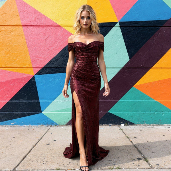 View of an elegant off shoulder maxi dress in soft fabric, featuring a flowing silhouette and delicate ruffle accents