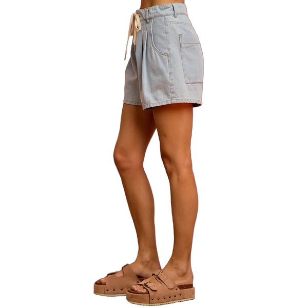 Light blue mid rise denim shorts featuring a frayed hem and classic five pocket design, detailed view