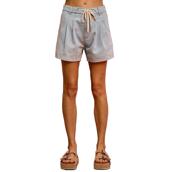 Light blue mid rise denim shorts featuring a frayed hem and five pocket design, detailed view showcasing fabric texture