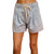 View of mid rise denim shorts in light blue, featuring a classic five pocket design and frayed hem
