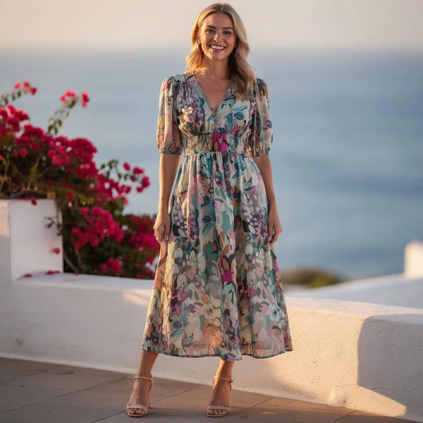 View of a floral midi dress featuring a soft fabric, vibrant pink and green flowers, and a flattering silhouette