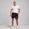 View of gray and black 2 in 1 sporty activewear shorts made