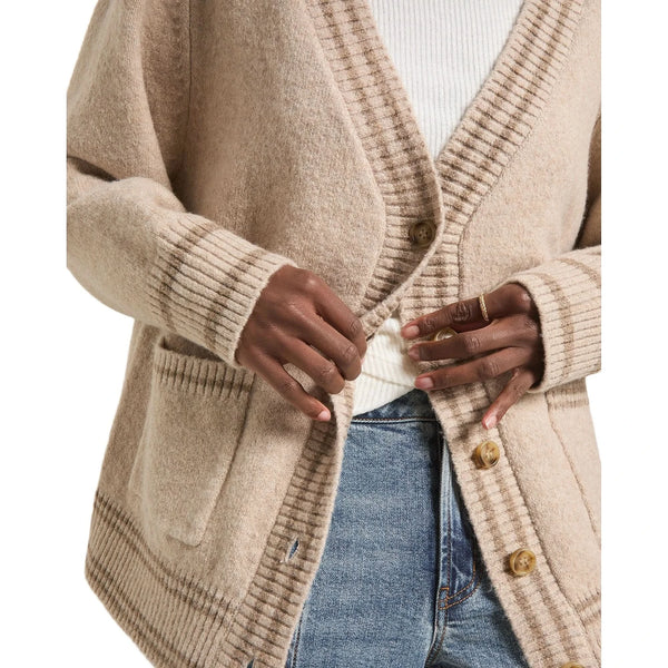 Close up view of the Relaxed Fit V Neck Cardigan showing the soft knit fabric and detailed stitching, emphasizing its comfortable and design.