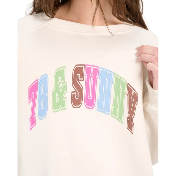 Close up view of the Cliffs "78 length SUNNY" Graphic Sweatshirt showing vibrant fabric, detailed stitching, and the unique graphic design against a white background.