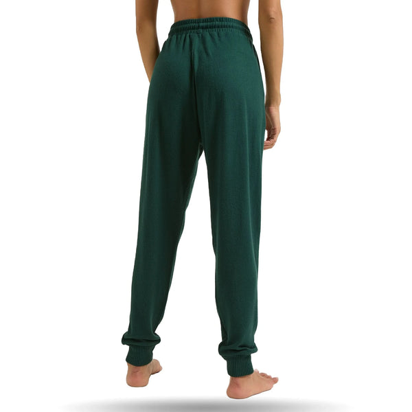 Green joggers with ribbed cuffs, seen