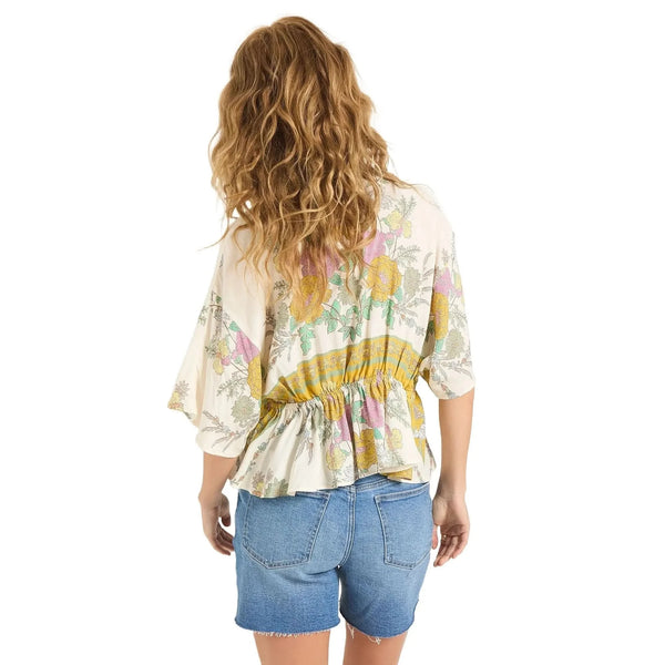 Back view of the Emily Peplum Deep V Neck Blouse in a vibrant floral print, showing its flattering peplum silhouette and delicate construction details against a white background.