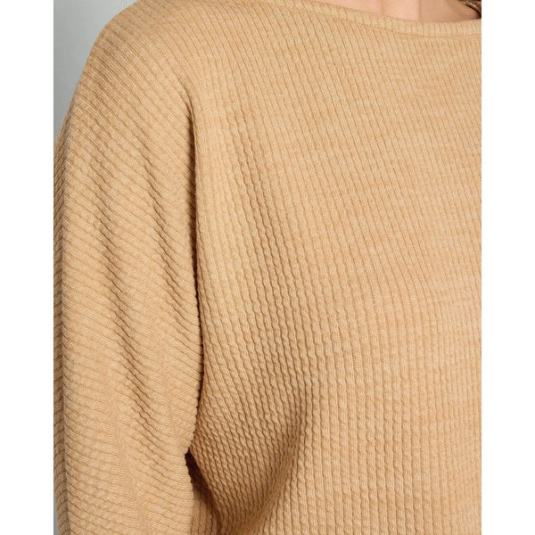 Detail view of Heather Indigo Haze Relaxed Fit Dolman Sleeve Top on white background