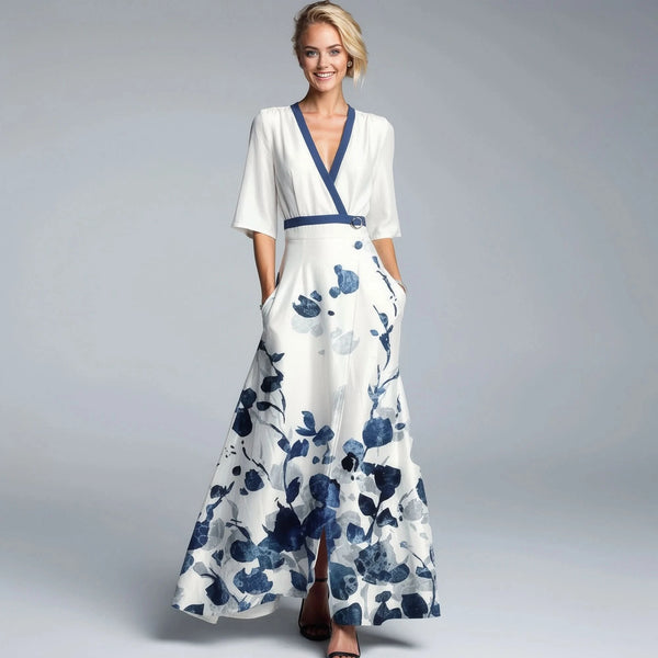 Elegant tailored dress in soft lavender fabric, featuring a fitted bodice and flared skirt, detailed view of neckline and sleeve