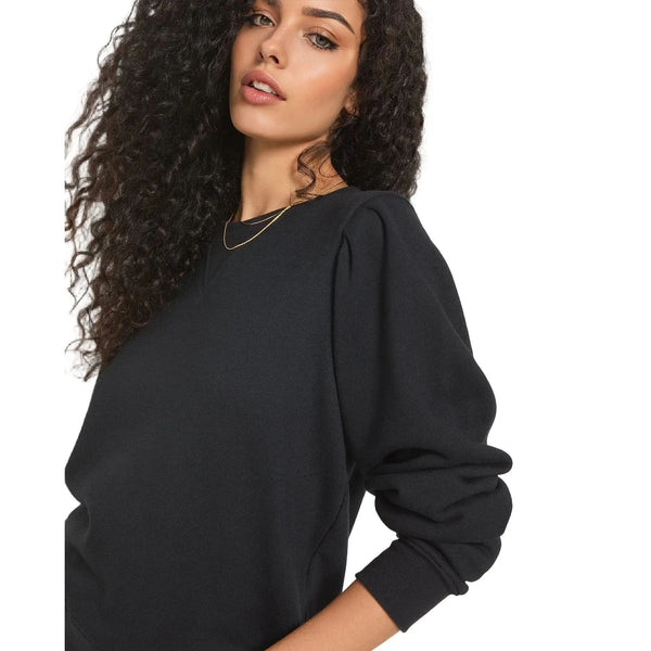 Close up view of the relaxed fit puff sleeve sweatshirt showing the soft French terry fabric and detailed stitching in a light gray color.