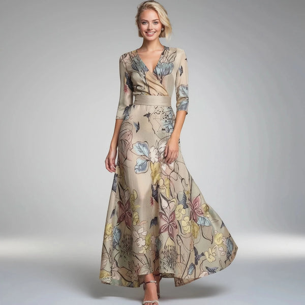 Elegant tailored dress in soft fabric, featuring a fitted silhouette and cap sleeves, view showcasing its graceful lines