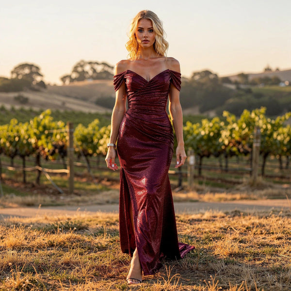Elegant off shoulder maxi dress in soft blush fabric, featuring flowing skirt and delicate ruffle details, view