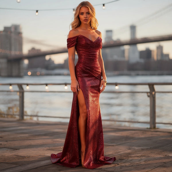 Elegant off shoulder maxi dress in soft fabric, featuring a flowing silhouette and delicate ruffle detailing, view